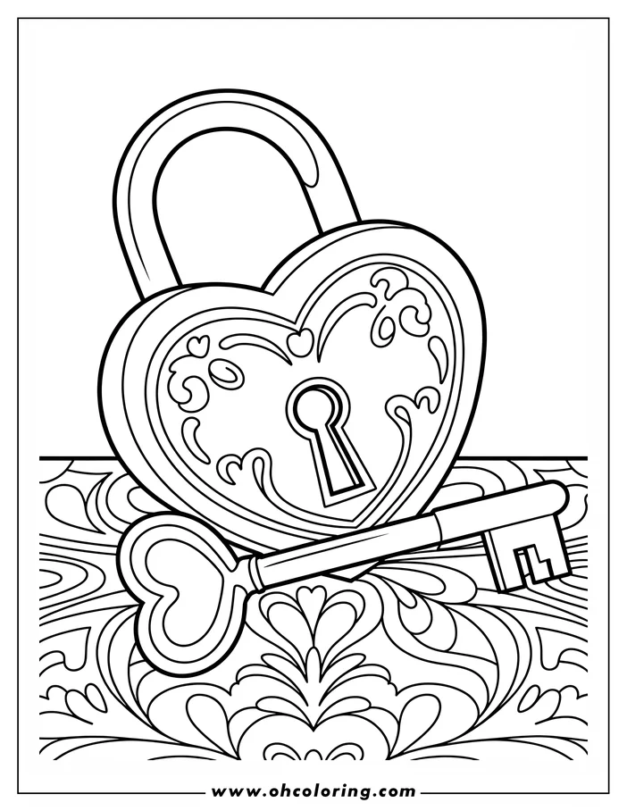Line art of a heart-shaped padlock with decorative swirls. Its key, with a heart-shaped handle, lies across the padlock, resting on a patterned surface. This design is a coloring sheet.