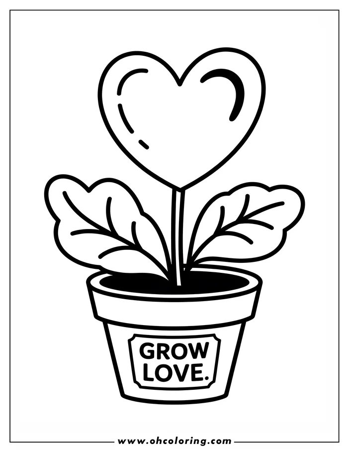 Line art of a heart-shaped plant in a pot with a label reading 'GROW LOVE', suitable for a coloring page.