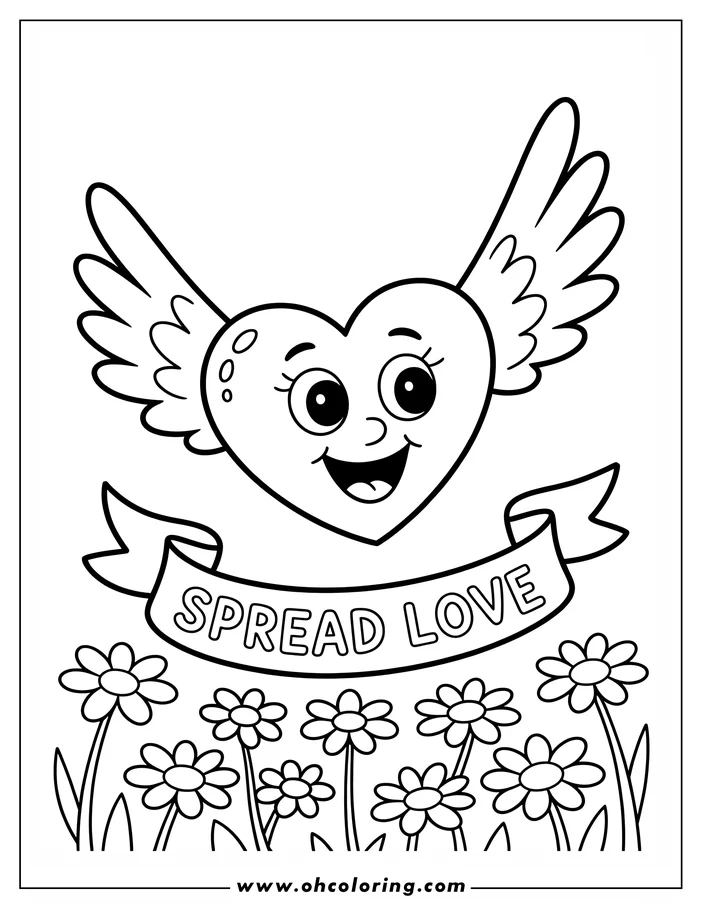 A cheerful, winged heart smiles above a banner reading "SPREAD LOVE." Simple line art depicts the heart with large eyes and small circles on its side, soaring above daisies in a field, ready for coloring.