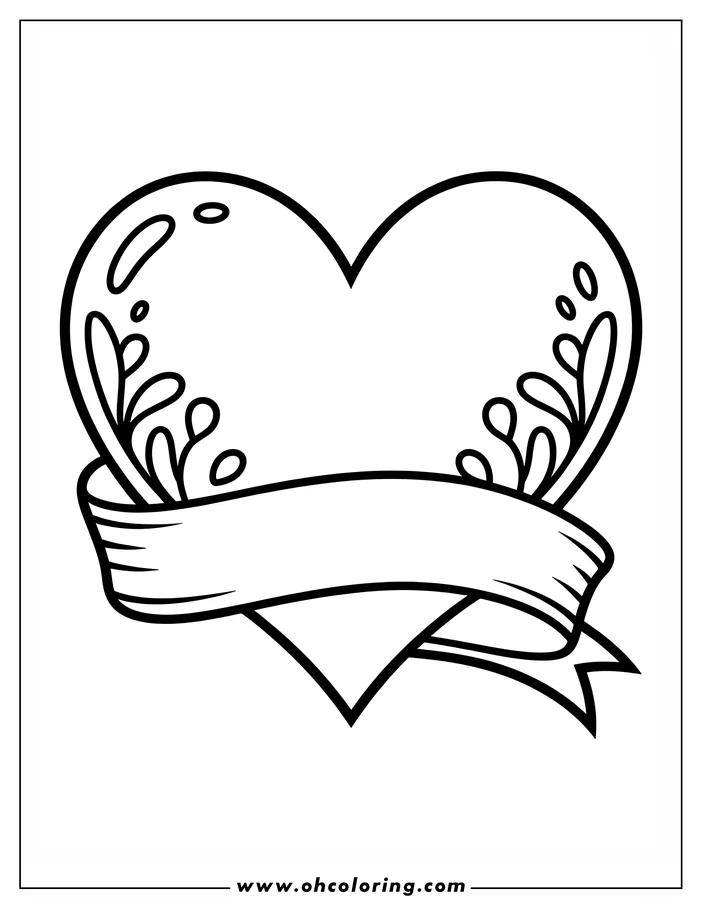 Line art of a heart with a banner across it, decorated with small floral accents on the sides.  A simple design for a coloring page.