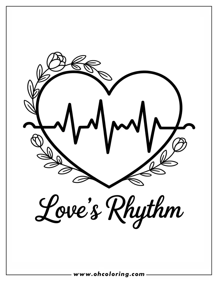 Simple line art of a heart with a heartbeat line and floral decoration, perfect for coloring. This design is suitable for a variety of uses, from Valentine's Day crafts to medical awareness projects.