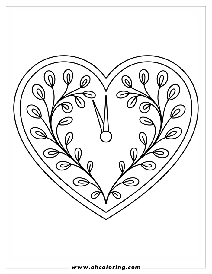 Line art of a heart-shaped coloring page design. Inside the heart, symmetrical leaf branches extend from the center towards the top curves. A simple, elegant design for coloring.