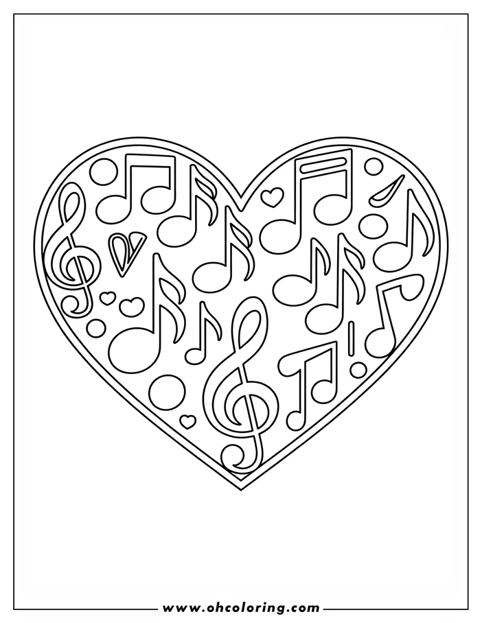 Line art of a heart filled with various musical notes and symbols, creating a design suitable for a coloring page.