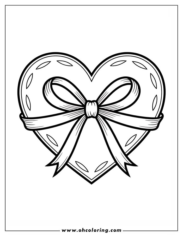 Line art of a heart with a ribbon tied around it in a bow. The heart has decorative markings along the edges, and the ribbon adds a festive touch. This design is a coloring sheet illustration.