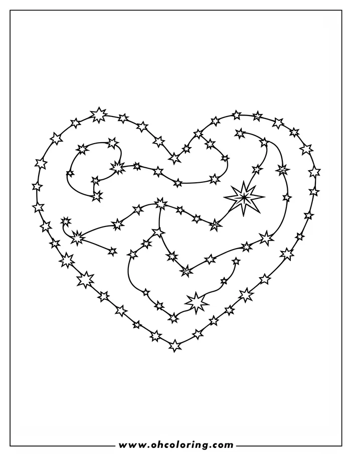 Line art of a heart filled with a swirling, interconnected pattern of stars. This design is presented as a coloring sheet.