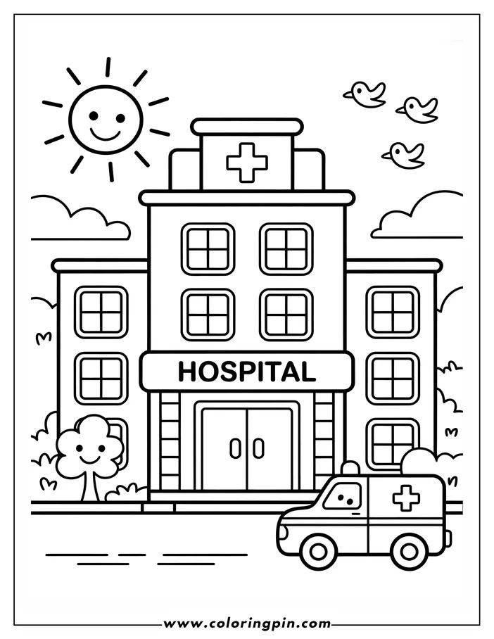 Line art of a hospital building with an ambulance parked outside. The sun is shining and birds are flying. Two happy trees stand beside the hospital.