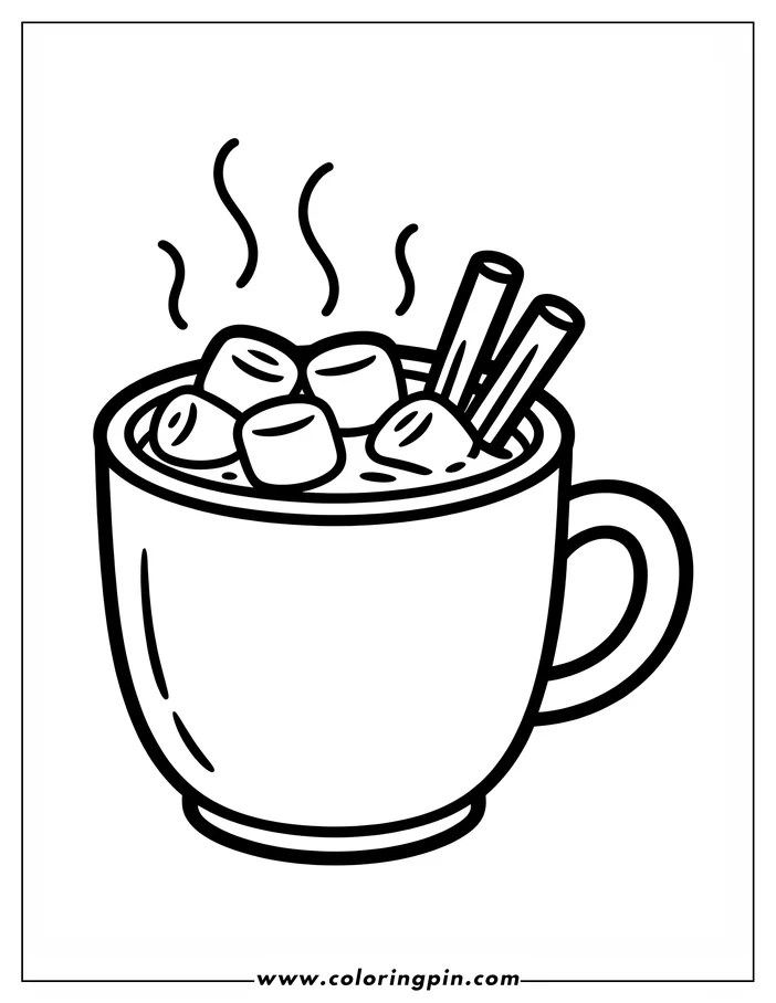 Line art of a steaming mug of hot chocolate filled with marshmallows and garnished with cinnamon sticks