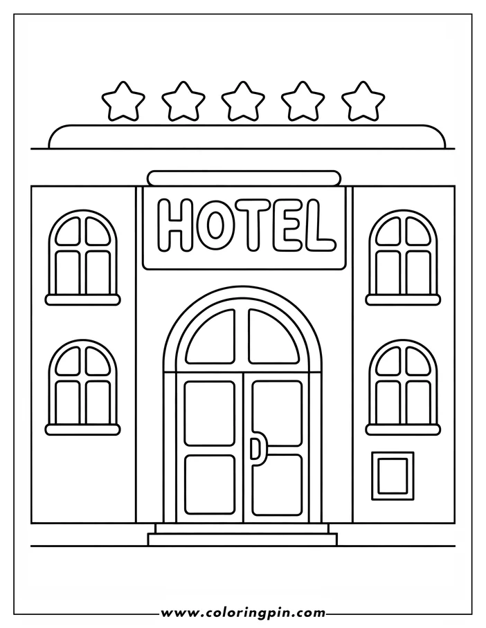Line art of a hotel building with a five-star rating, large entrance, and multiple windows.
