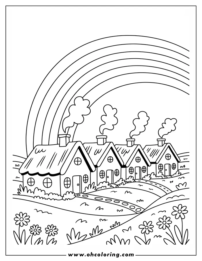 Simple coloring page design of four houses sitting under a rainbow, with smoke curling from the chimneys and flowers growing in the grass around them.