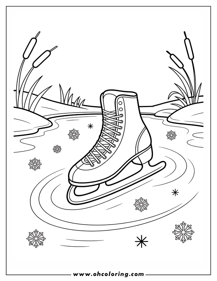 Line art of an ice skate on a frozen pond, surrounded by snowflakes and cattails, designed as a winter coloring sheet.