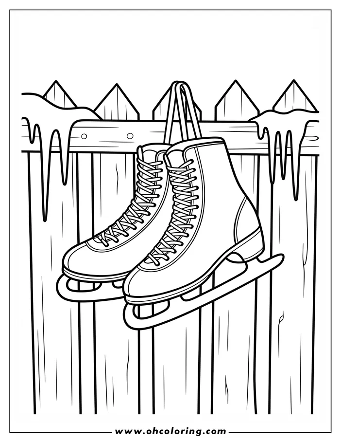 Line art of a pair of ice skates hanging on a wooden fence.  The fence is topped with snow, creating a winter scene. This is a coloring sheet design.