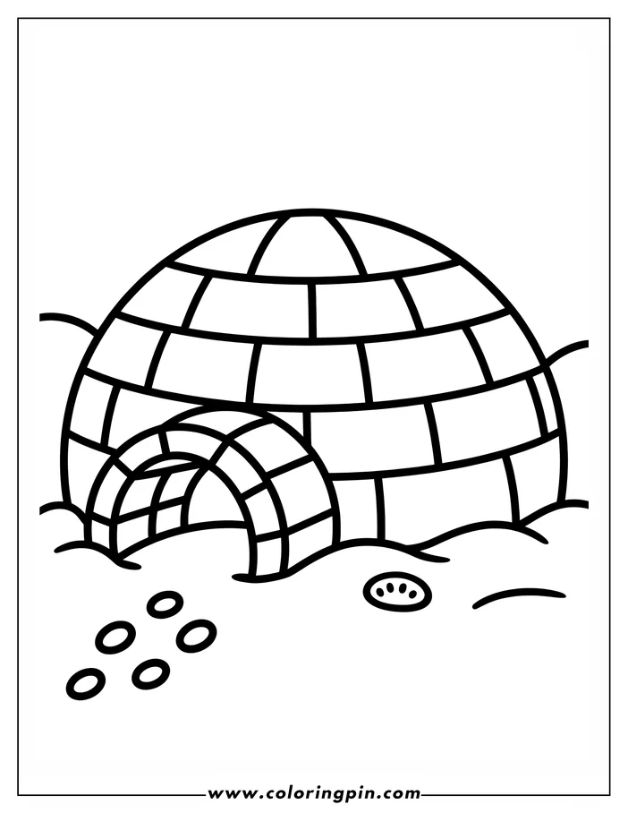 Simple line drawing of an igloo in a snowy landscape.