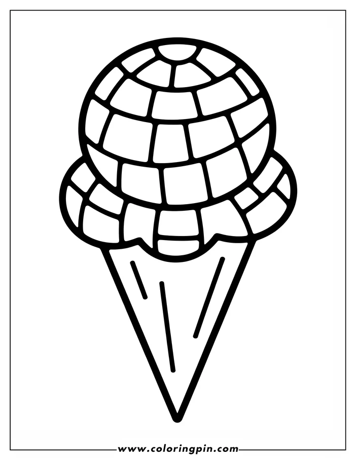 Line art of an igloo-shaped scoop of ice cream on a cone.