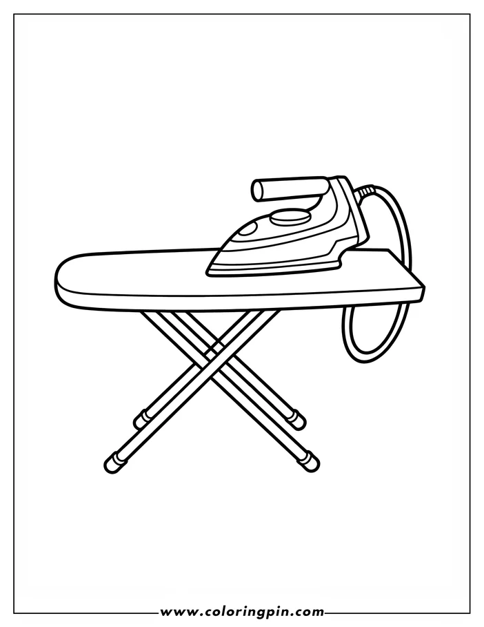 Line art of an iron resting on an ironing board.