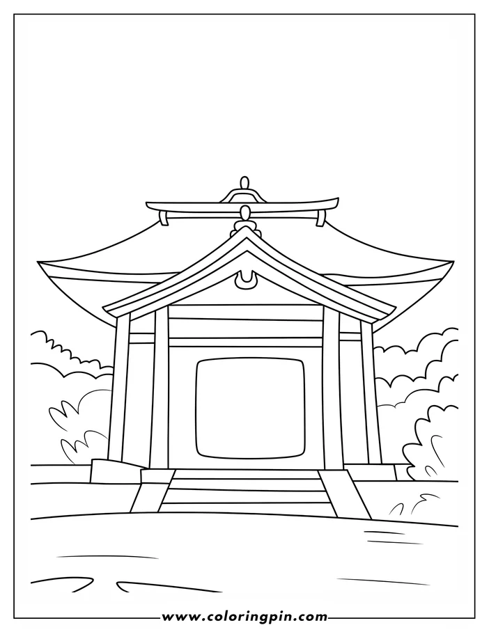 Line drawing of a Japanese temple with a tiered roof, situated by the water, with plants on either side.