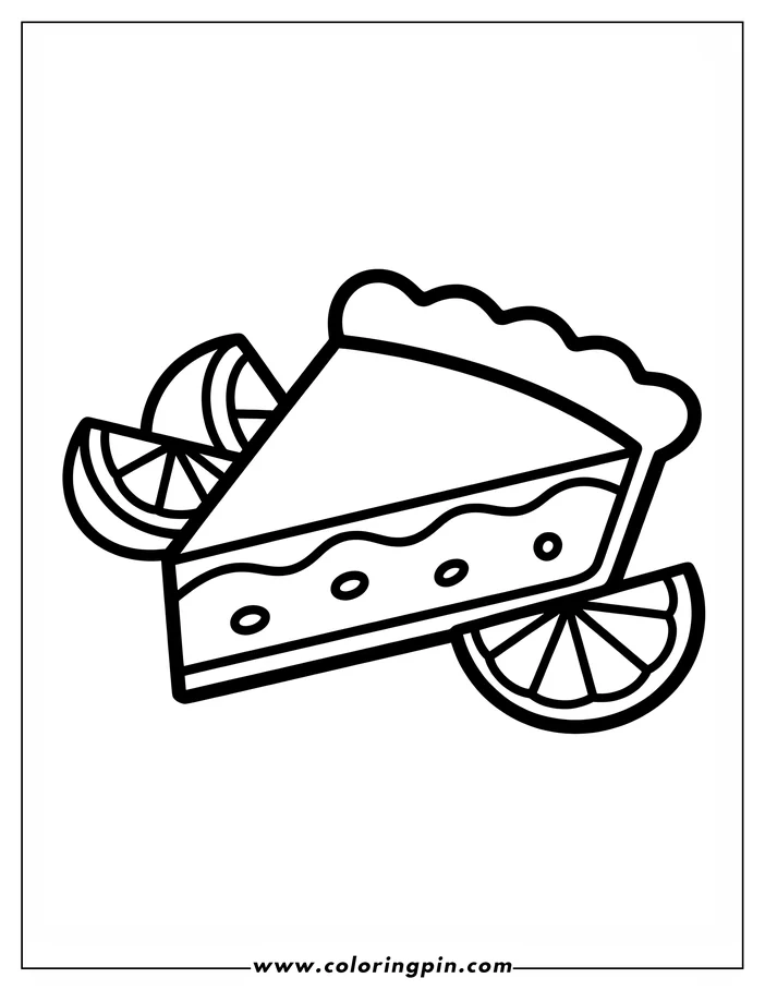 Line art of a slice of key lime pie with lime wedges and whipped cream.