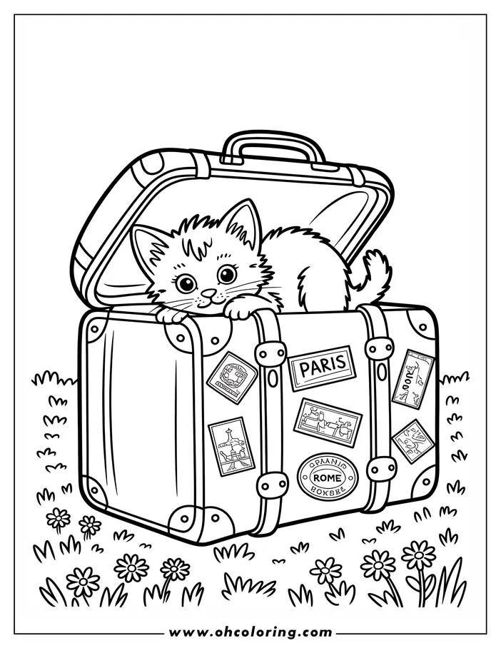 Line art of a playful kitten sitting inside an open suitcase. The suitcase is covered with travel stickers, including one that says 'Paris'. The scene is a simple drawing designed as a coloring sheet, ready to be brought to life with color.