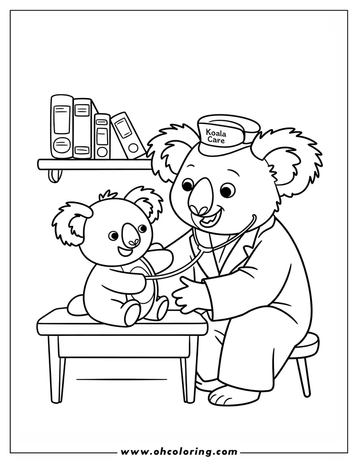 Line art of a koala doctor examining a patient koala with a stethoscope. Binders are on a shelf in the background.
