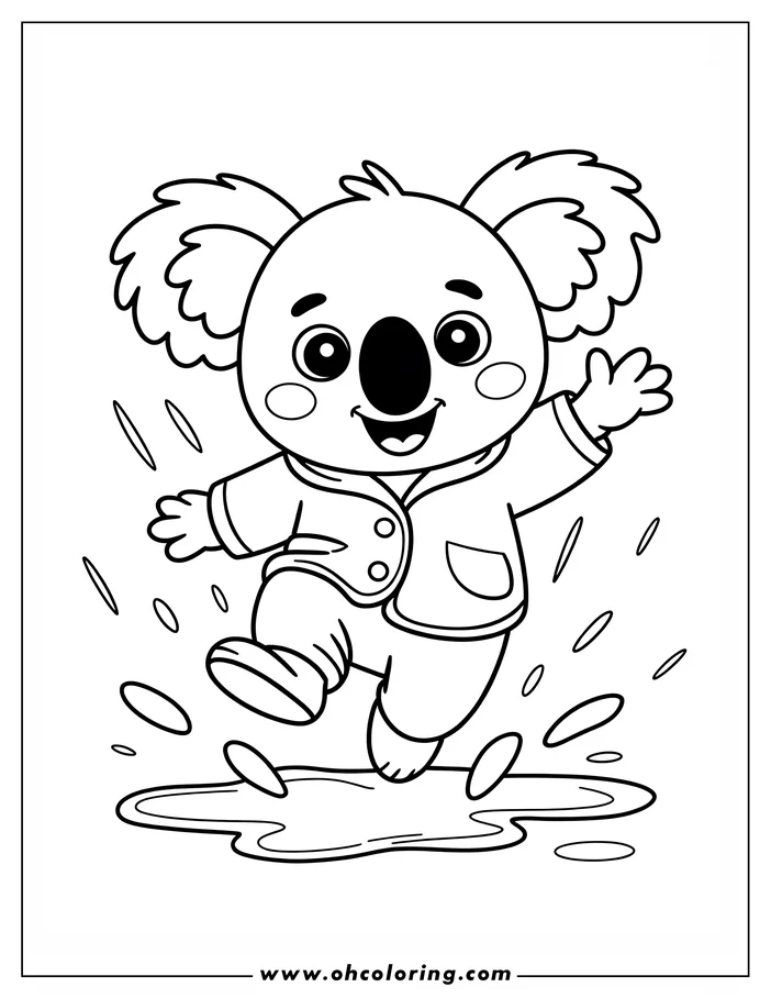 Line art of a koala jumping in a puddle, wearing a jacket and pants.