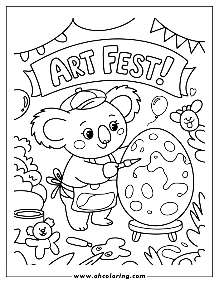 Line art of a koala painting an egg at an art festival, wearing a painter's cap and apron
