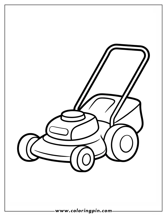 Line art of a lawnmower with four wheels and a handle.