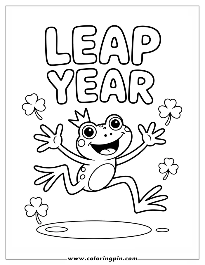 Cartoon frog with a crown leaping for Leap Year with shamrocks surrounding it.