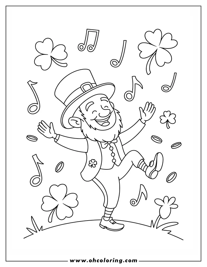 Line art of a dancing leprechaun for St. Patrick's Day. He wears a traditional hat, vest, and shoes, with shamrocks, music notes, and gold coins surrounding him. This is a cheerful coloring sheet design perfect for celebrating the holiday.