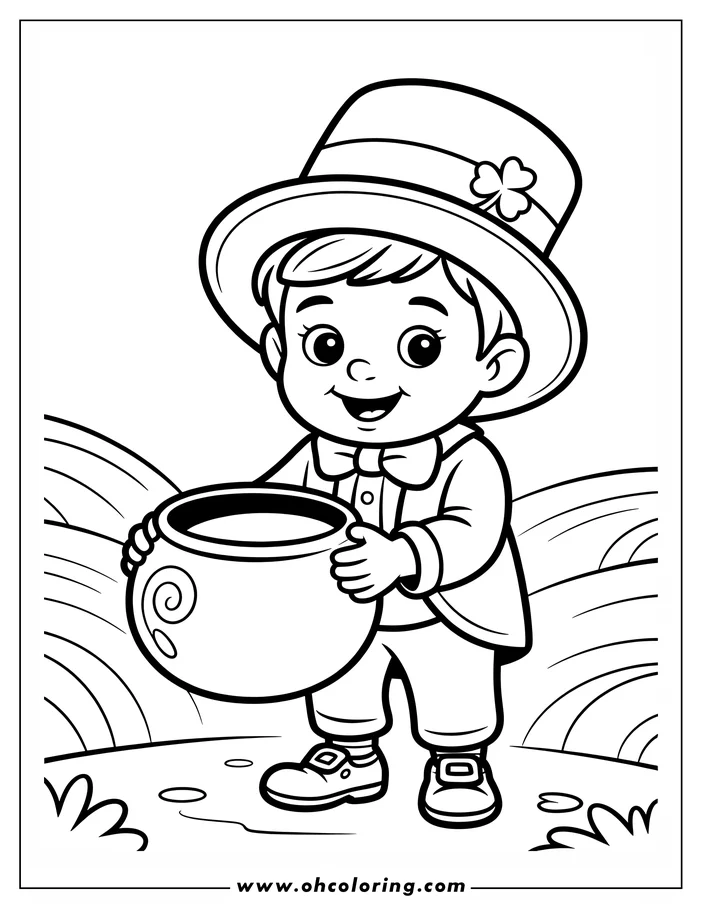 Line art of a leprechaun for St. Patrick's Day. He's wearing a hat with a shamrock and holding a pot of gold. The background features rolling hills, creating a simple, cheerful coloring sheet design.
