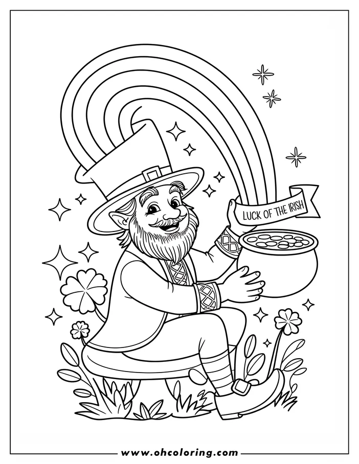 Line art of a cheerful leprechaun for St. Patrick's Day. He sits holding a pot of gold under a rainbow, surrounded by shamrocks. This is a coloring sheet design.
