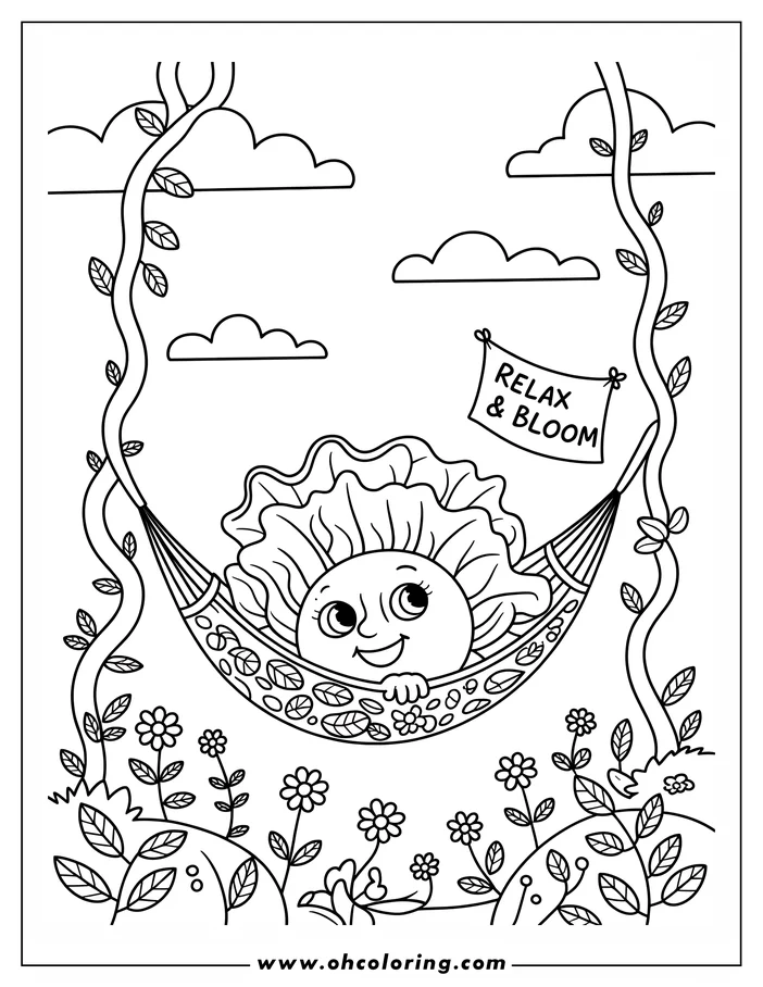 Whimsical line art of a lettuce relaxing in a hammock strung between vines, with a 'Relax & Bloom' sign above. The hammock and surrounding area feature a floral and leaf design.  This cheerful scene is a coloring sheet design, ready for adding color.