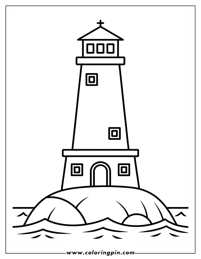 Outline of a lighthouse on a small island surrounded by gentle waves.
