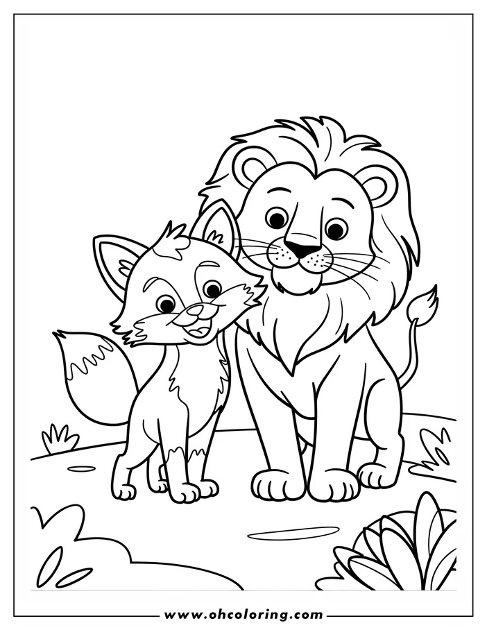 Line art of a lion and a fox standing side by side. The lion is larger than the fox, and they both appear friendly.