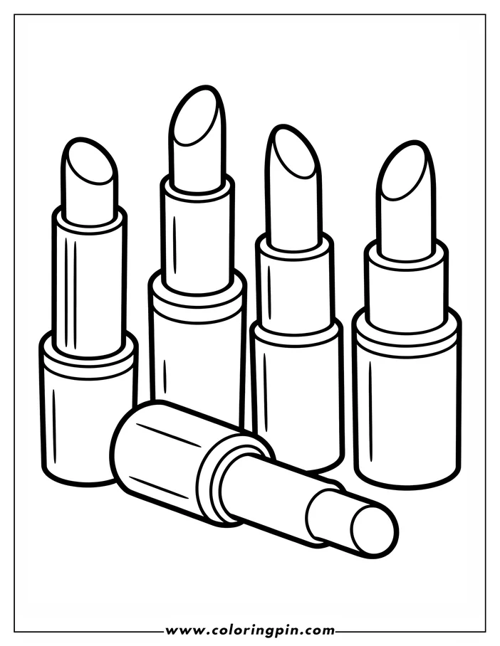 Five lipsticks. Four are upright, and one lies on its side.