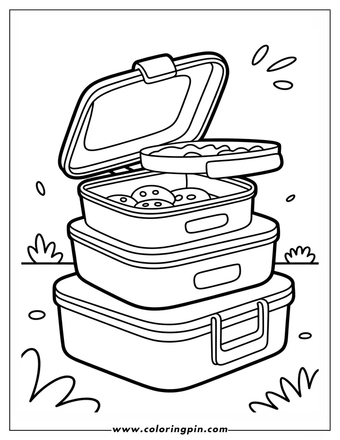 Line art of a stack of lunch boxes with the top compartments open, showing cookies and a sandwich inside.