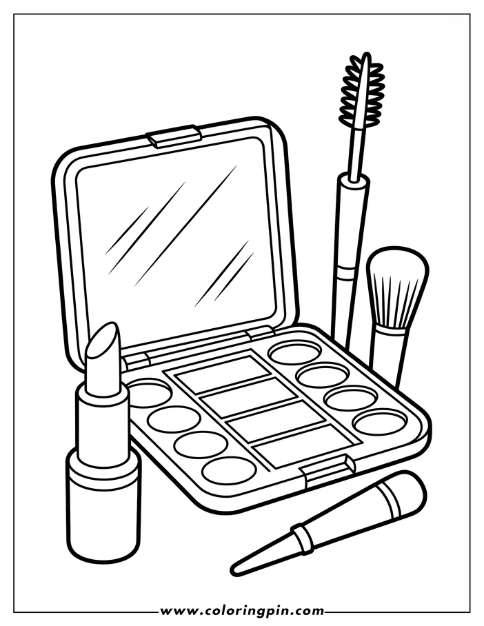 Line art of a makeup palette with eyeshadows, lipstick, mascara, and brushes.