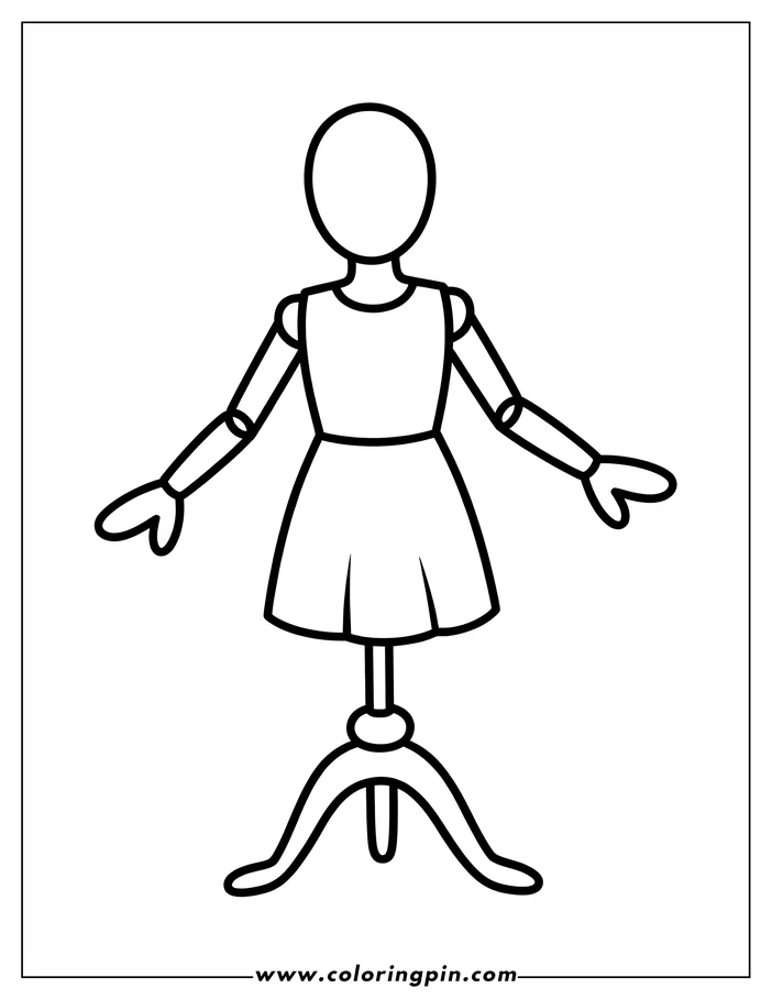 Line drawing of a mannequin on a stand, wearing a simple dress.