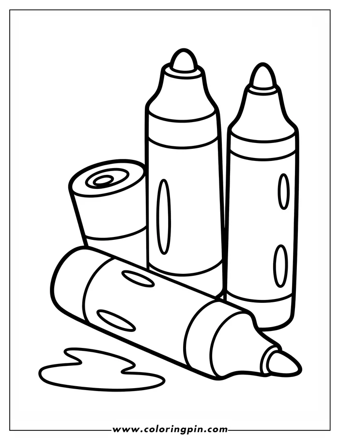 Line art of three markers. One is uncapped and lying down with a small puddle of ink beside it. The other two markers are standing upright.