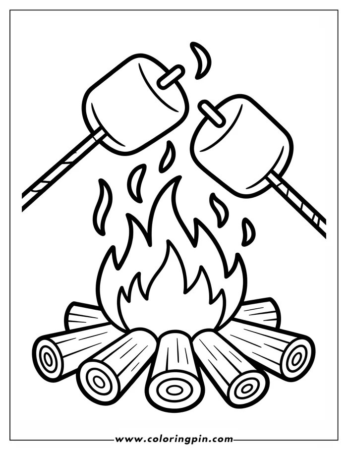 Outline of two marshmallows on sticks roasting over a campfire made of logs.