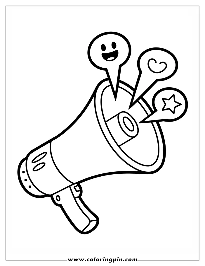 Outline of a cartoon megaphone with three speech bubbles containing a smiley face, a heart, and a star.