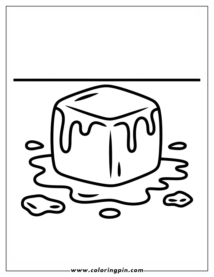 Line art of a melting ice cube with drips of water and puddles forming around it.