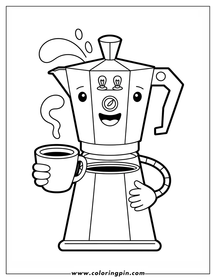Line art of a cheerful moka pot holding a cup of coffee. The moka pot has lightbulbs for eyes and a friendly smile.