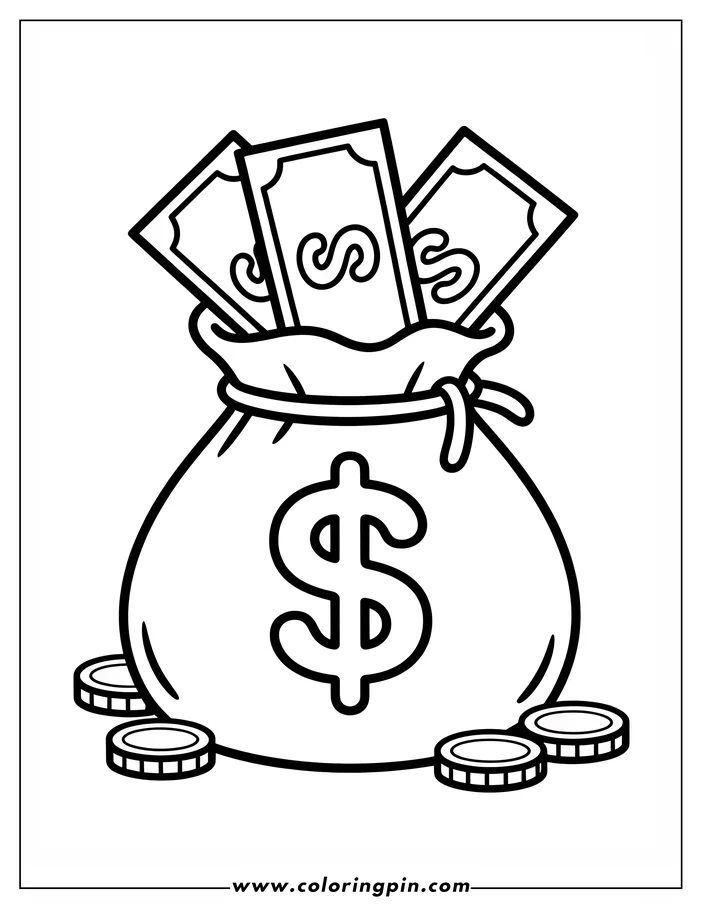 Line art of a money bag overflowing with dollar bills and surrounded by coins.