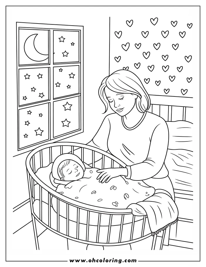 Line art of a mother gazing at her sleeping baby in a cradle, with a night scene visible through the window. This sweet, tender family moment is designed as a coloring sheet.
