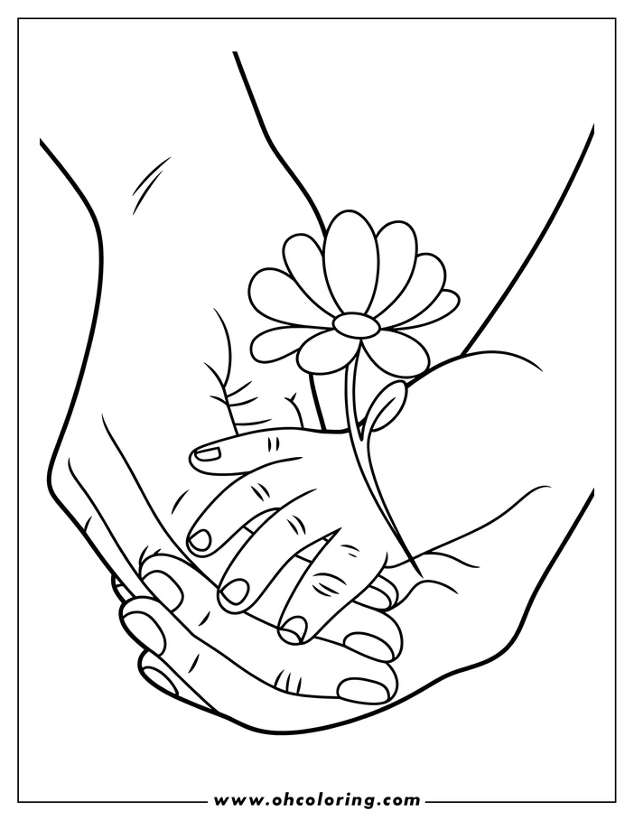 Line art of a mother and child holding hands with a flower between them, creating a heartwarming scene suitable for a Mother's Day coloring page.