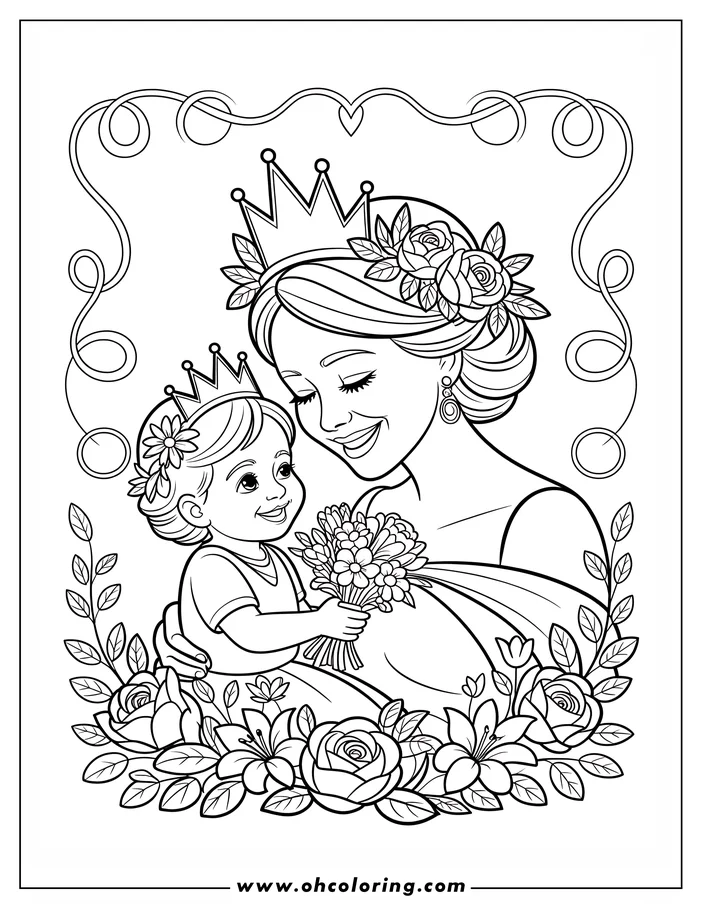 Line art of a mother and daughter for Mother's Day. The daughter gives her mother a bouquet of flowers. Both wear crowns and are surrounded by roses and decorative swirls. This is a coloring sheet design.