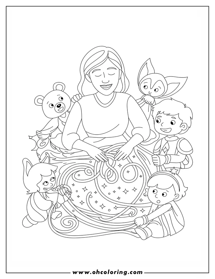 Line art of a mother with three children and a teddy bear engaged with a large quantity of yarn. Two of the children actively interact with the yarn, while the third child looks on with surprise. The scene evokes a sense of playful crafting or a family activity, suitable for a Mother's Day coloring sheet design.