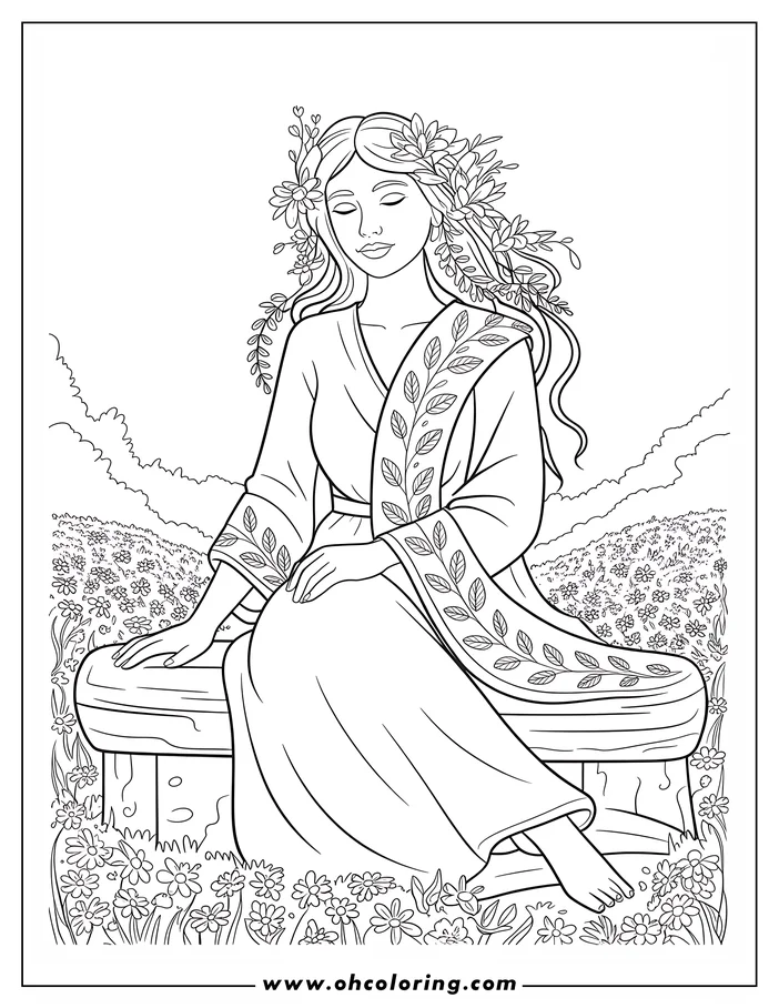 Line art of a woman with flowers in her hair, sitting on a bench in a field of flowers. She wears a robe with a leaf pattern sash. The scene has a peaceful and serene quality, suitable for a coloring sheet design.