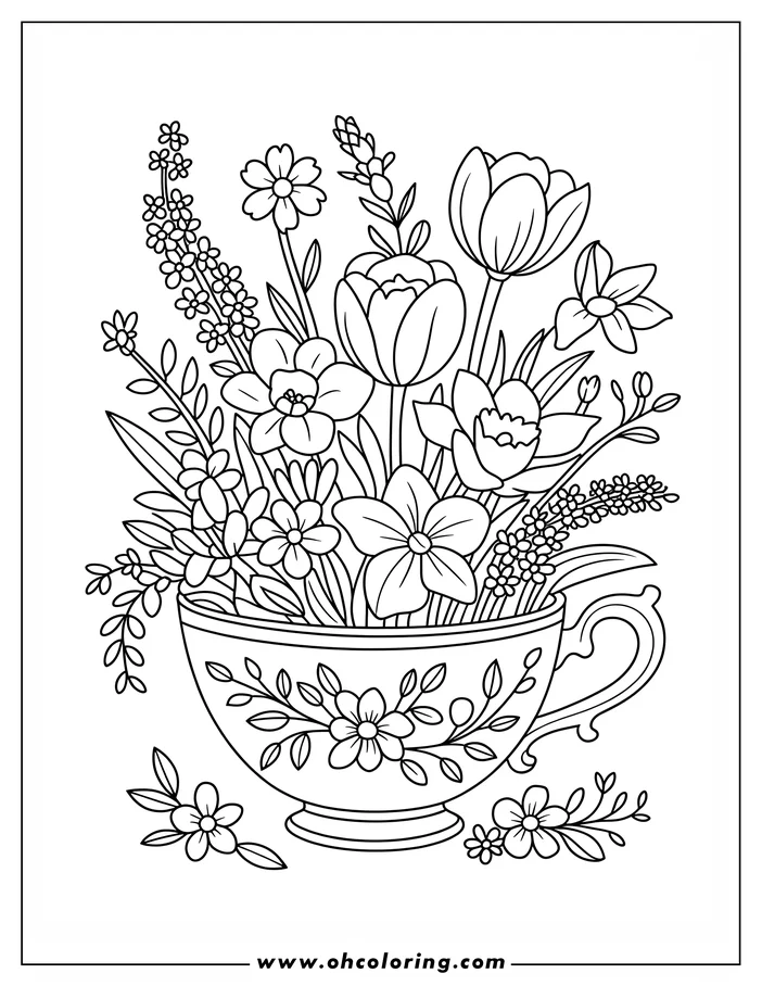 Line art of a Mother's Day bouquet in a teacup. Various flowers like tulips and daffodils overflow from a decorative teacup with a floral pattern. This coloring sheet design is ideal for a Mother's Day gift.