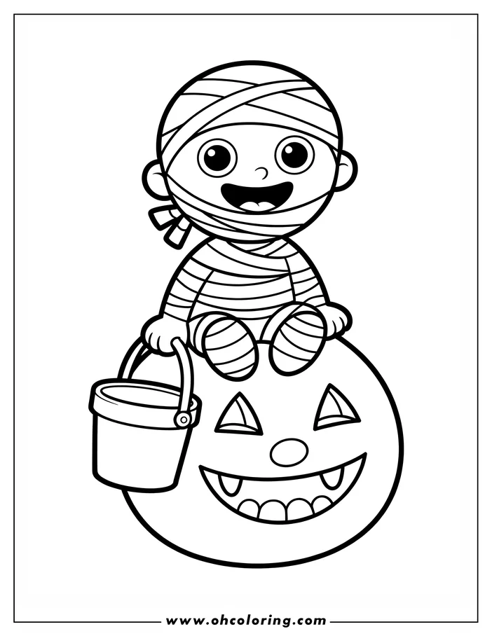 Line art of a cheerful cartoon mummy sitting on a carved pumpkin, holding a trick-or-treat bucket. The pumpkin has a classic jack-o'-lantern face, perfect for a Halloween coloring sheet.