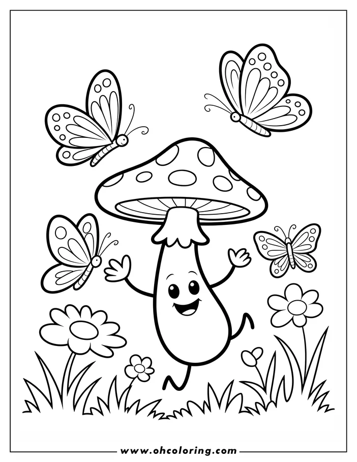 Line art of a cheerful mushroom dancing in a field with butterflies and flowers. The mushroom has a large, spotted cap, a thick stem, and a smiling face.  Butterflies flutter around it, their wings decorated with circles and stripes. Two simple flowers with leaves also grow in the grassy ground. This is a whimsical drawing designed as a coloring page for children.